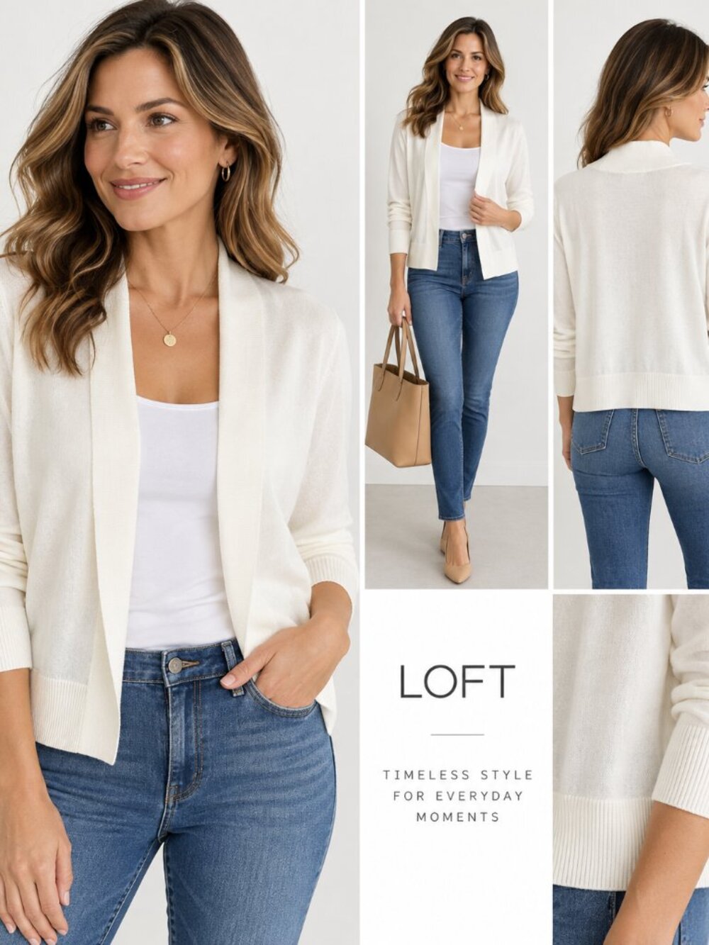 LOFT Ivory Cream Open Front Lightweight Cardigan Sweater Size M